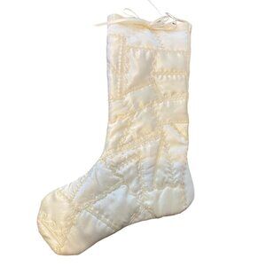 Vtg Handmade Ivory Satin Quilted Christmas Stocking 16.5” Ribbons